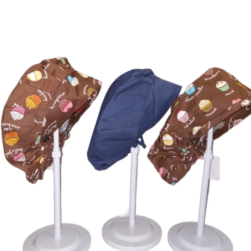 (3) Landau Scrub Bonnet Caps Hats Unisex: Cupcakes- Blue NEW men women